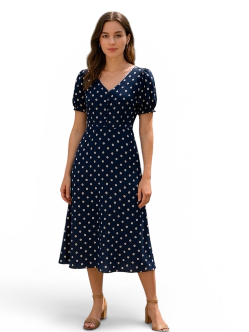 J.Crew Navy Blue White Polka Dot Puff Sleeve Midi Dress – Size 2